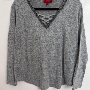 Jennifer Lopez Gray V-Neck Sweater with Crisscross and rhinestone Detail